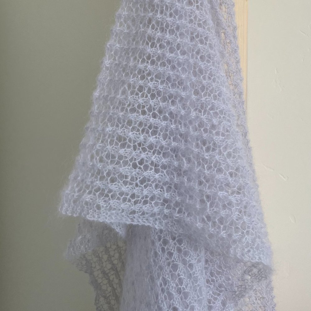 Hand Knitted Delicate Kid Mohair Silver - Blue Scarf/ Shawl.